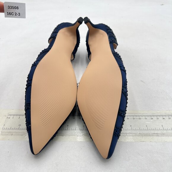 XYD Navy Pointed Toe D'Orsay Kitten Heel Rhinestone Studs Slip-On Satin Shoes - Picture 13 of 14